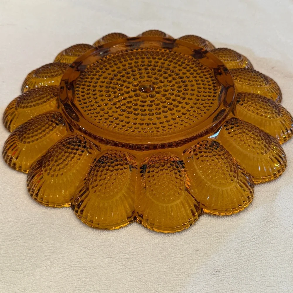 Vintage Amber Indiana Glass Deviled Egg Plate 15 Slot Rnd Hobnail Scalloped MCM